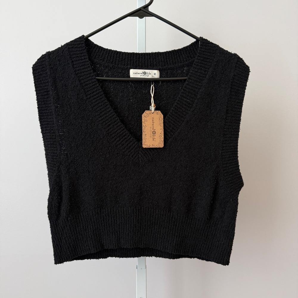 Natural Life Cotton Boho Relaxed Coastal Clean Knit Sweater Vest M Black NWT